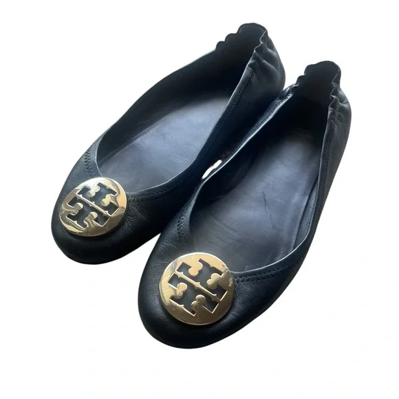 Tory Burch Minnie Travel Ballet Flats Black Leather 8.5 Logo Medallion - Picture 6 of 6